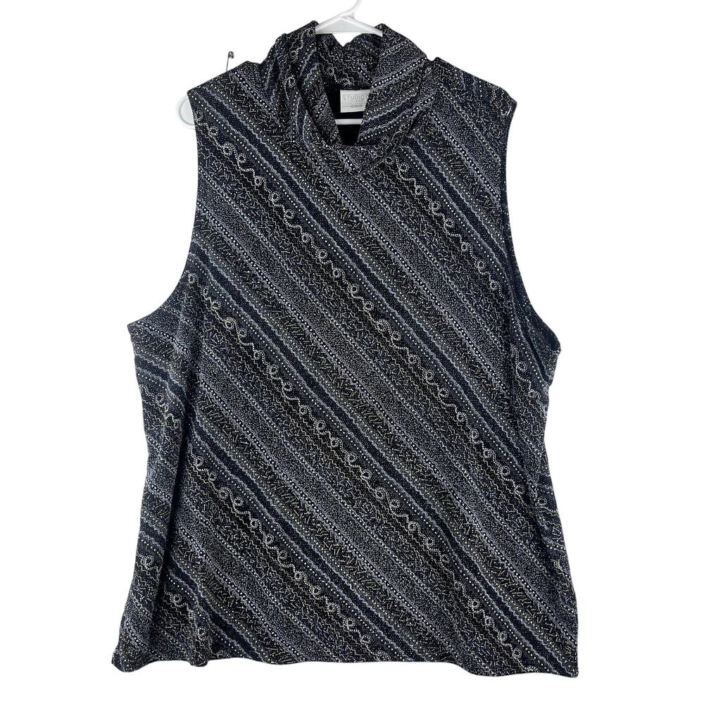 Studio C Vintage Women’s 26W/28W Sleeveless Beaded Blouse Diagonal Stripes Mock